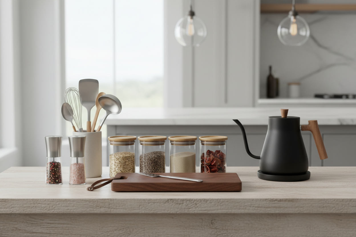 Eine elegante, moderne Küche mit weichem Licht. Im Vordergrund stehen hochwertige Küchenprodukte: ein stilvolles Schneidebrett, edle Gewürzmühlen, ein Set aus Edelstahl-Utensilien, schöne Glasbehälter und ein minimalistischer Wasserkocher. Alle Produkte sind perfekt angeordnet, wirken sauber, hochwertig und sofort verkaufsstark. Der Hintergrund ist leicht unscharf, damit die Produkte im Fokus stehen und einen professionellen, attraktiven Eindruck machen