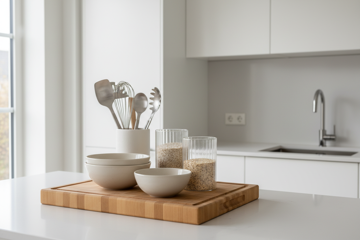„Eine helle, minimalistische Küche mit weißer Arbeitsplatte. Im Vordergrund stehen stilvolle Küchenutensilien: ein Bambus-Schneidebrett, elegante Keramikschalen und Glasbehälter mit klaren Linien. Alles wirkt modern, sauber und perfekt für ein hochwertiges Produktfoto.“